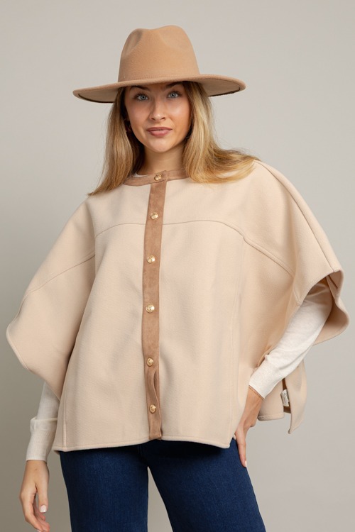 Suede Trim Button Cape, Taupe - 1006-23.jpg