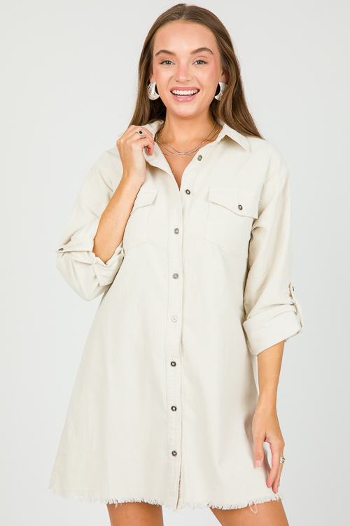 Fray Hem Corded Dress, Cream