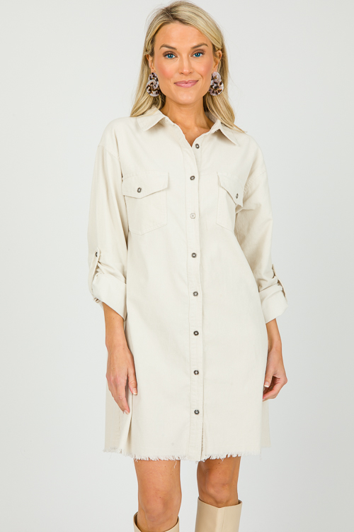 Fray Hem Corded Dress, Cream