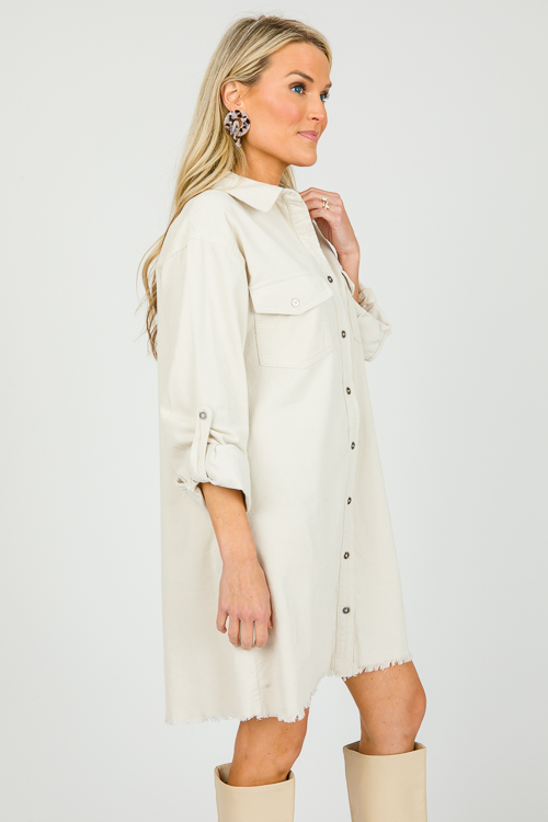 Fray Hem Corded Dress, Cream