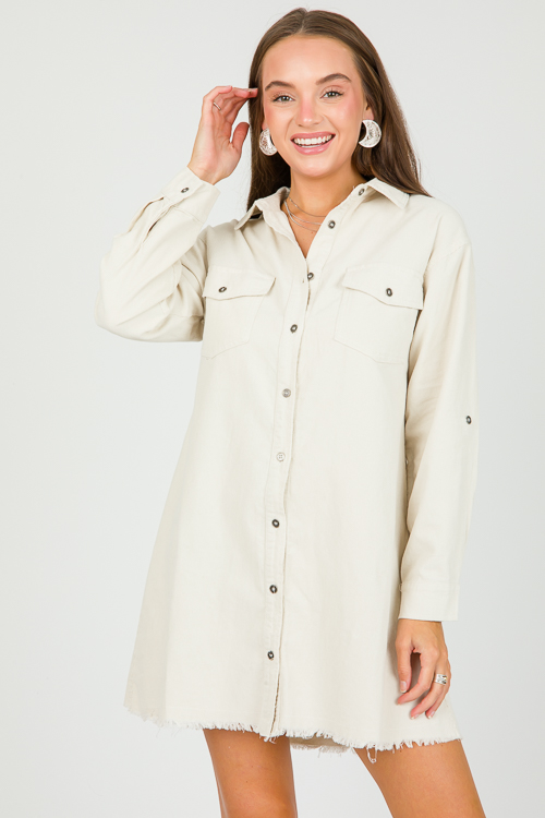 Fray Hem Corded Dress, Cream