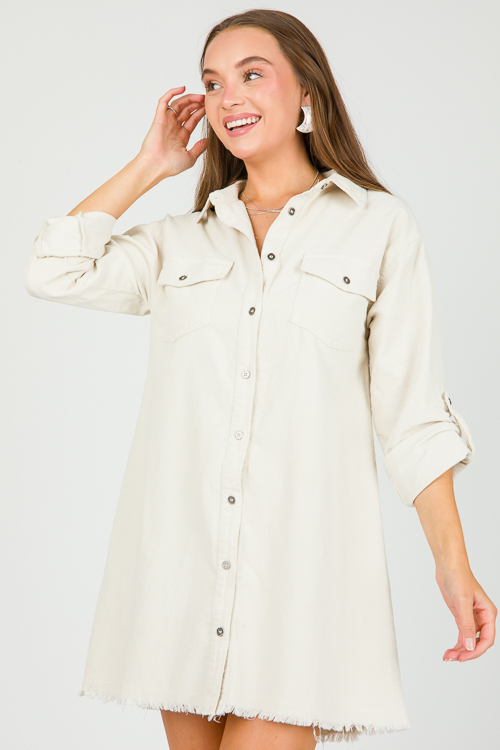 Fray Hem Corded Dress, Cream