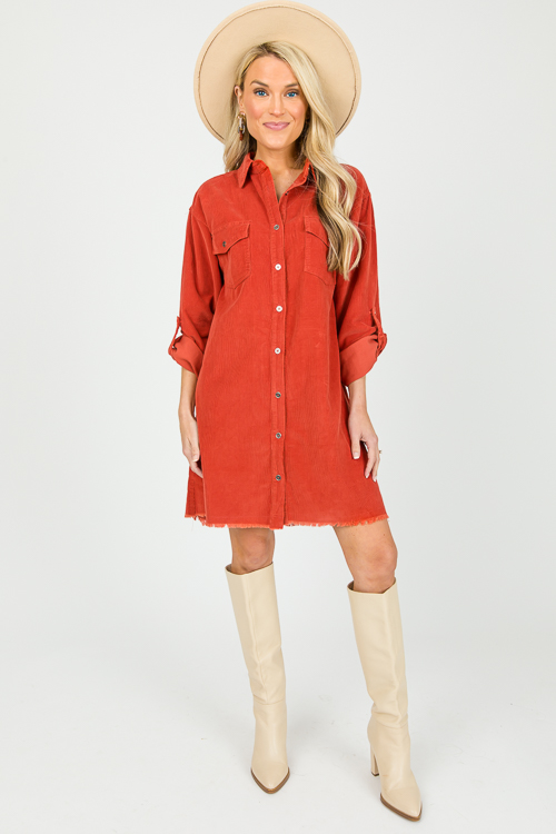 Fray Hem Corded Dress, Rust