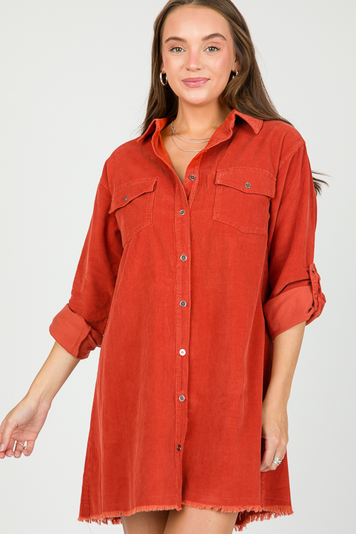 Fray Hem Corded Dress, Rust