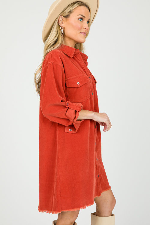 Fray Hem Corded Dress, Rust