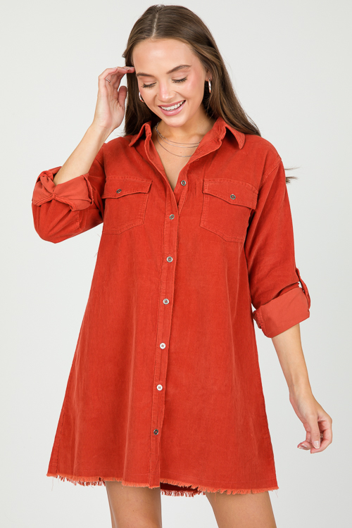 Fray Hem Corded Dress, Rust