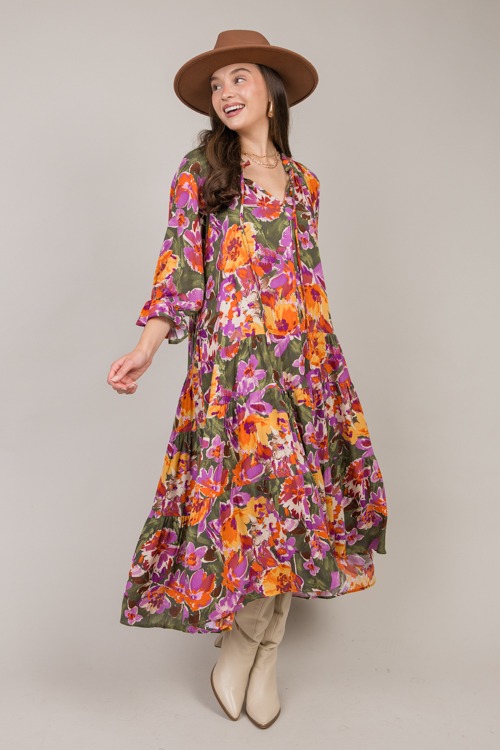 Drop Tier Floral Maxi, Olive Poppy