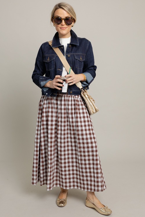 Gingham Check Maxi Skirt, Brown