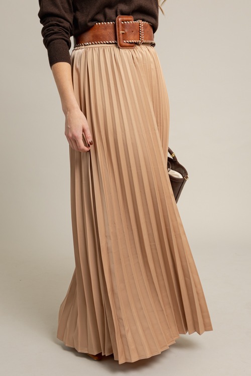 Pleated Satin Maxi Skirt, Sand