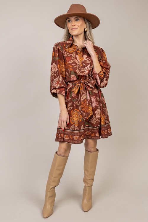 Tie Belt Floral Dress, Brown