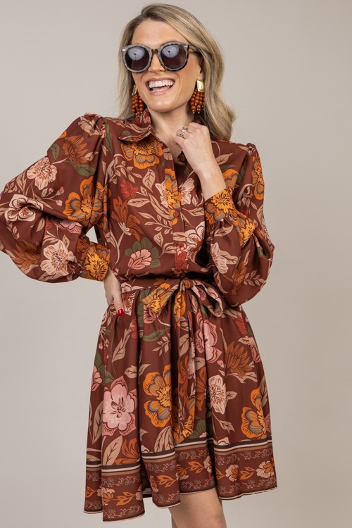 Tie Belt Floral Dress, Brown - 1008-75.jpg