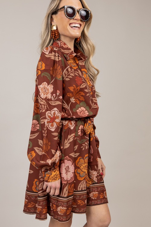 Tie Belt Floral Dress, Brown - 1008-77.jpg