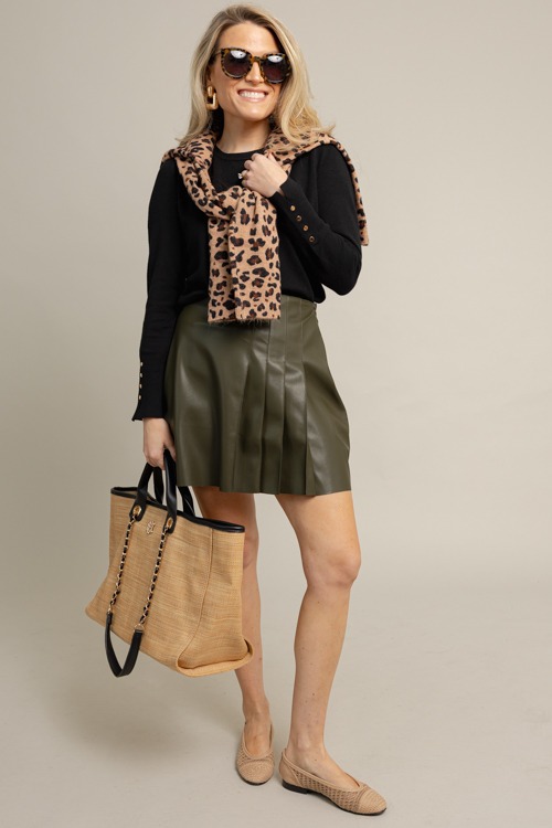 Pleated Leather Skirt, Olive