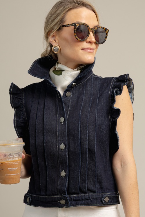 Denim Pleated Ruffle Vest, Dark