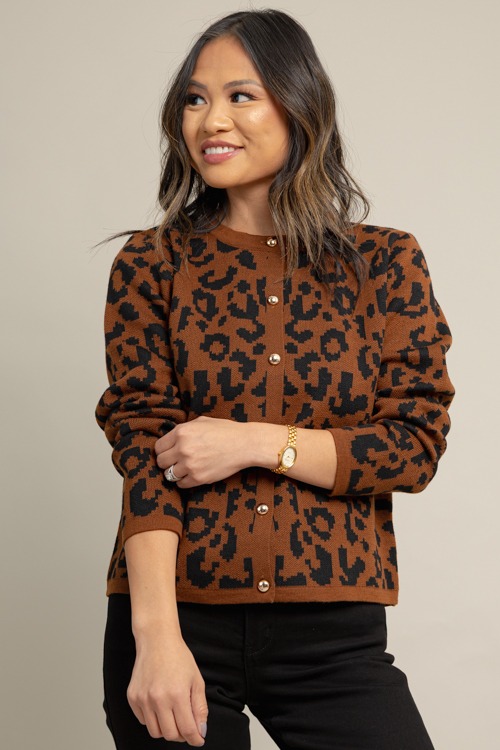 Cheetah Button Sweater, Brown