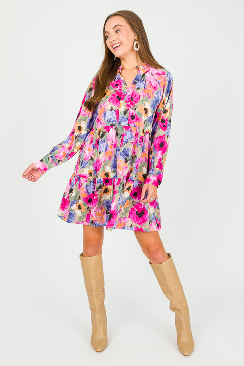 Painted Floral Dress, Fuchsia