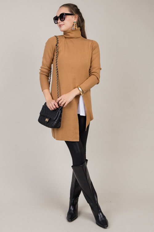 Asymmetric Hem Slit Sweater, Camel