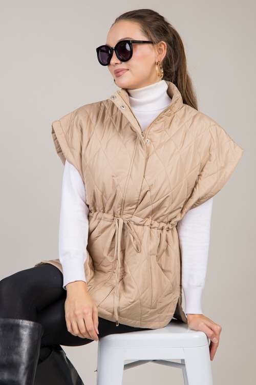 Draw Waist Quilted Vest, Taupe