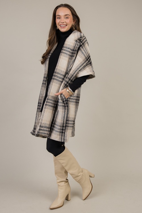 Short Sleeve Plaid Coat, Taupe - 1009-86.jpg