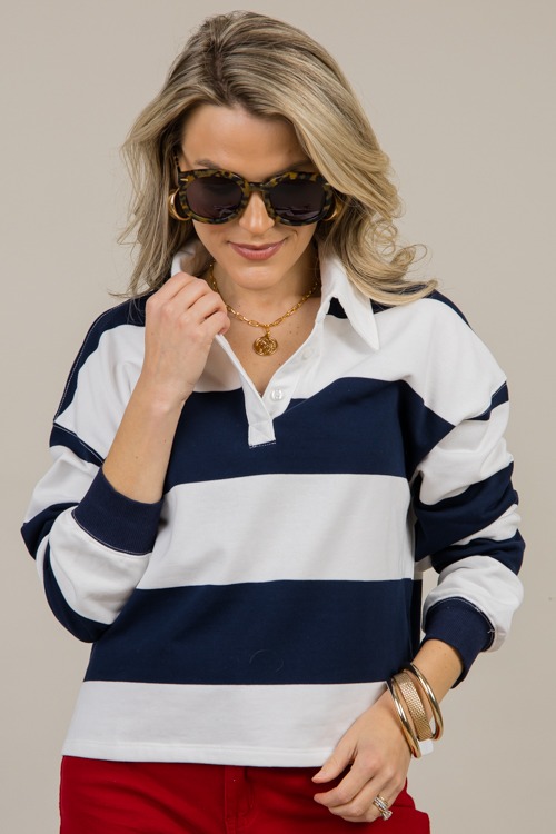 Erin Stripe Collared Top, Navy