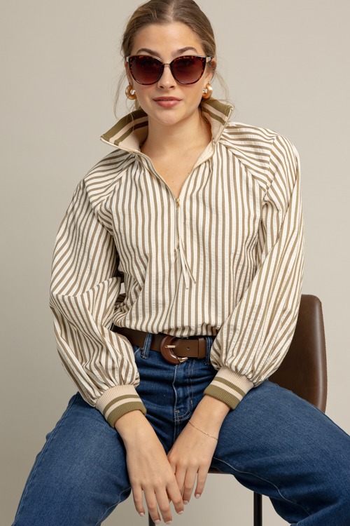 Rib Trim Stripe Top, Olive