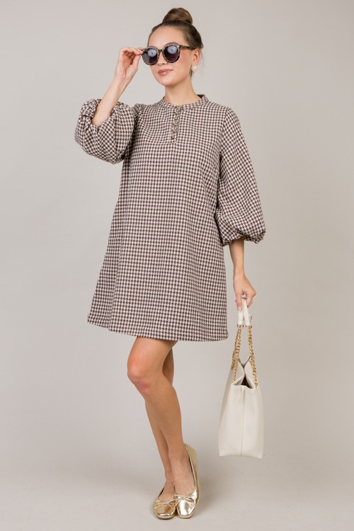 Houndstooth Button Dress, Coffee