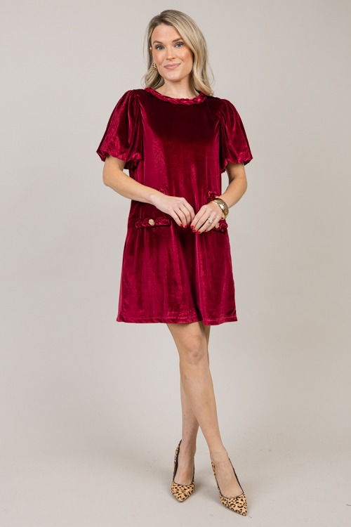 Braided Trim Velvet Dress, Garnet