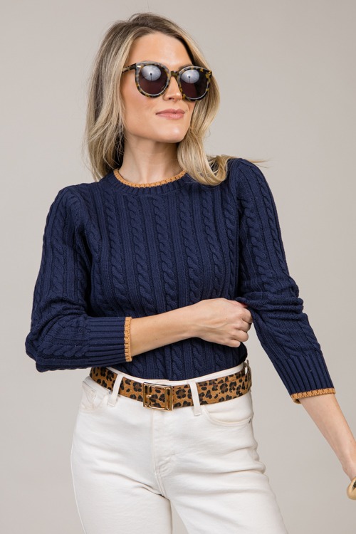 Contrast Cable Sweater, Navy/Brown