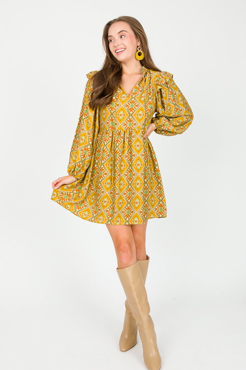 Diamond Print Tier Dress, Mustard - Dresses - The Blue Door Boutique