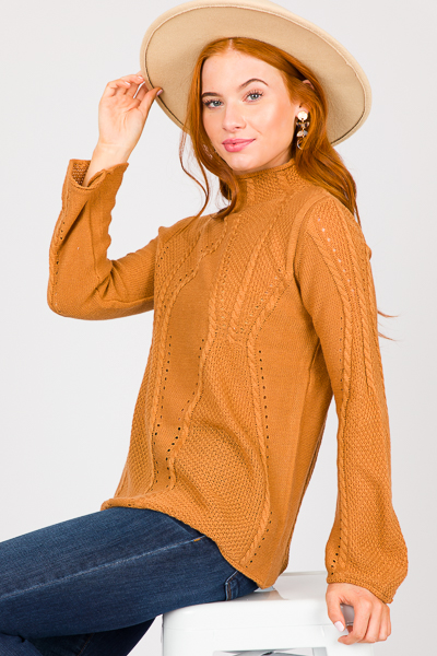 Cable Texture Mock Sweater, Tan