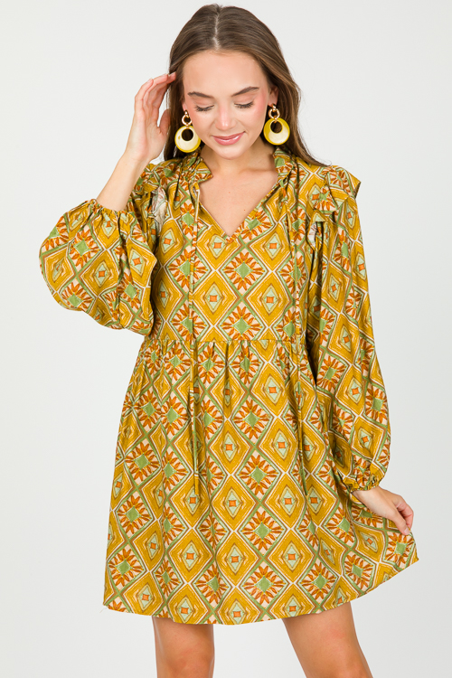 Diamond Print Tier Dress, Mustard   New Arrivals   The Blue Door Boutique