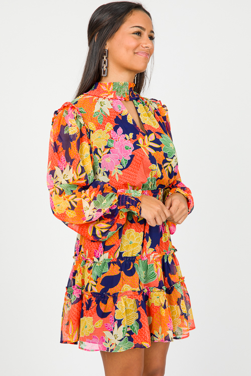 Keyhole Floral Dress, Navy Multi