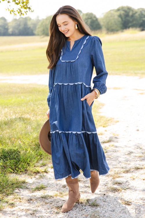 Scallop Contrast Denim Maxi