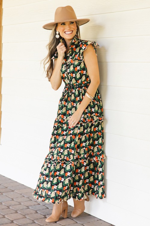 Scallop Trim Floral Maxi, Black