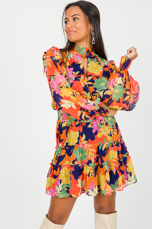 Keyhole Floral Dress, Navy Multi