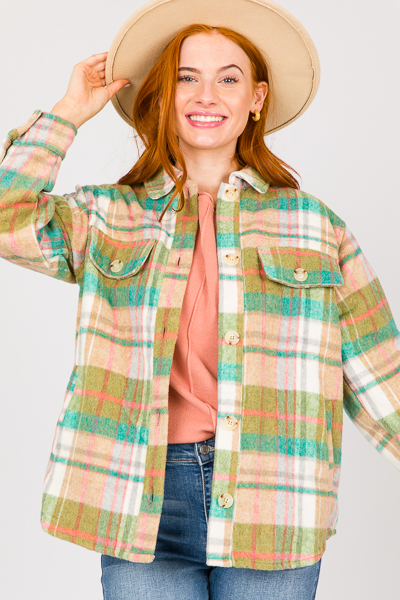 Ariel Plaid Shacket, Green Mix