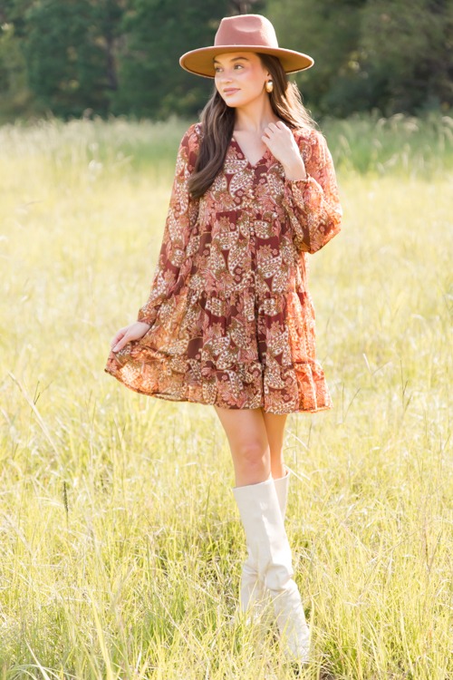 Tiered Paisley Dress, Red Brown