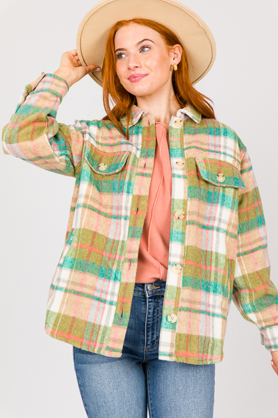 Ariel Plaid Shacket, Green Mix