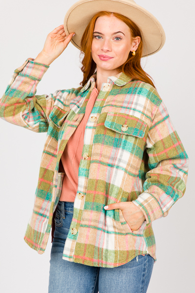 Ariel Plaid Shacket, Green Mix