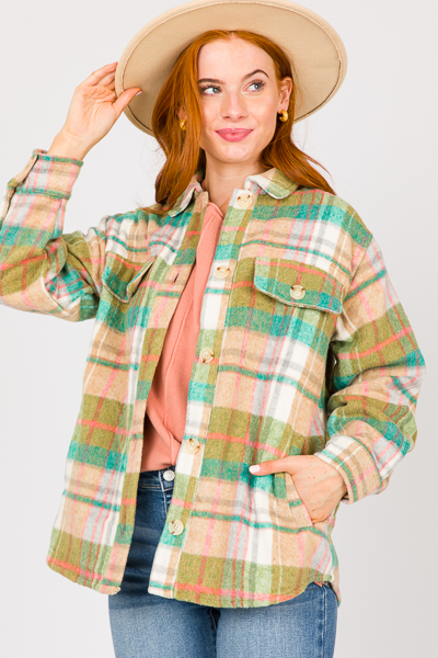 Ariel Plaid Shacket, Green Mix