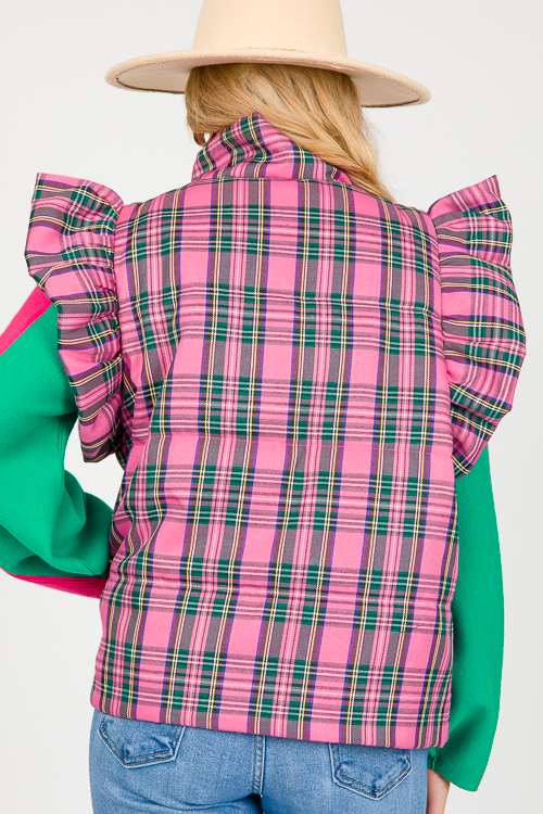 Ruffle Tartan Puffer Vest, Pink