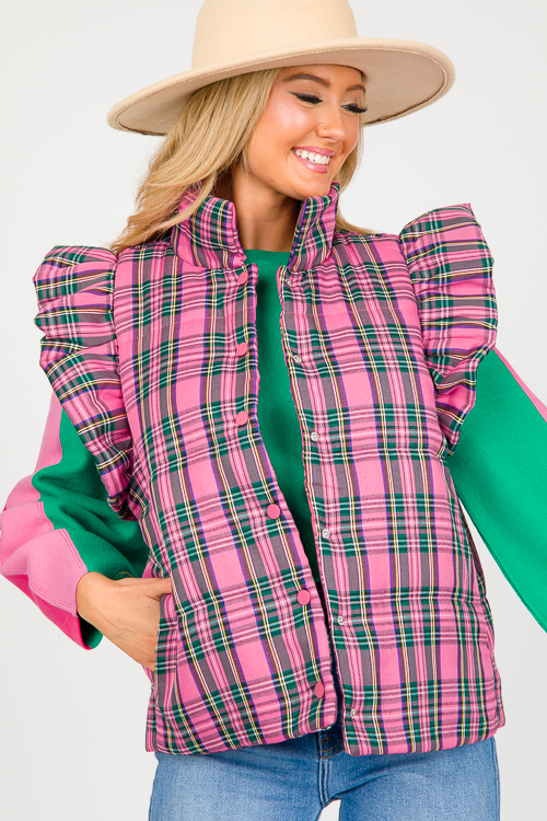 Ruffle Tartan Puffer Vest, Pink