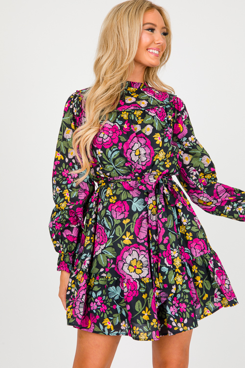 Quilted Yoke Floral Dress, Black