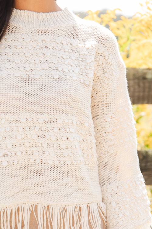 Fringe Trim Texture Sweater, Cream