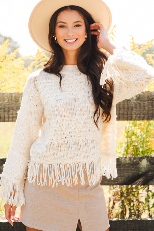 Fringe Trim Texture Sweater, Cream