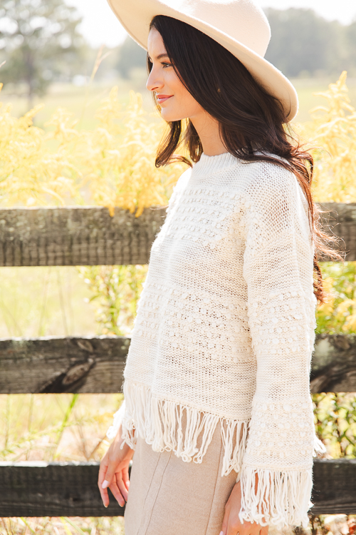 Fringe Trim Texture Sweater, Cream