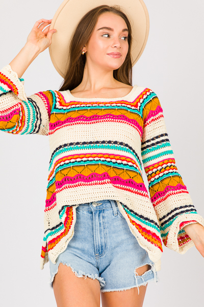 Colorful Crochet Sweater, Ivory