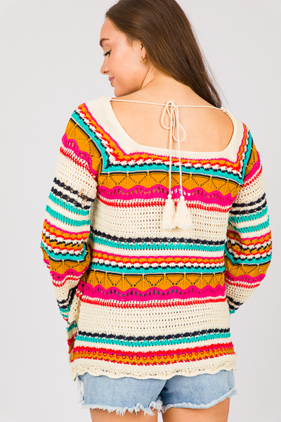 Colorful Crochet Sweater, Ivory