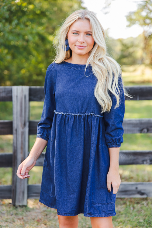 Fray Babydoll Denim Dress, Dark