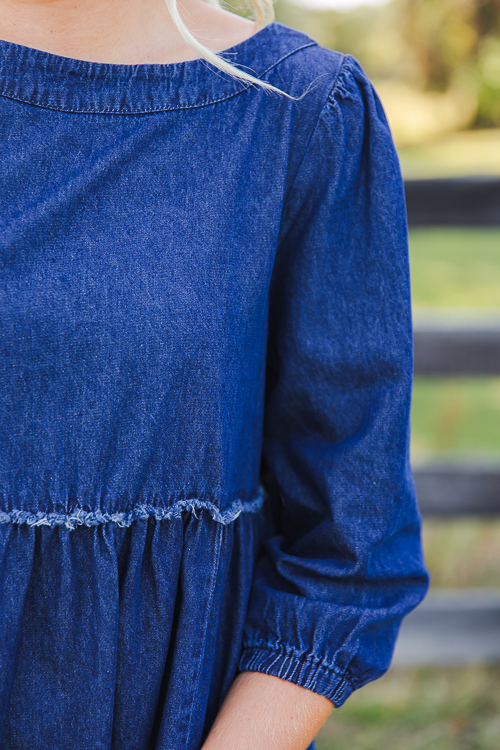 Fray Babydoll Denim Dress, Dark
